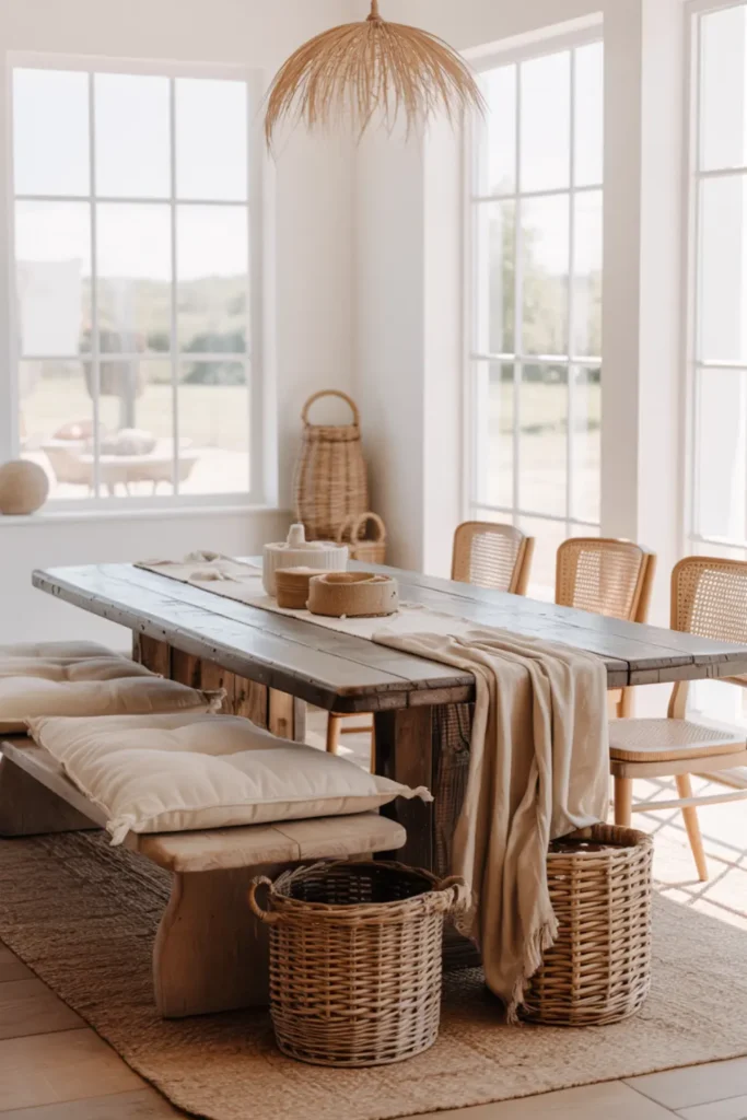  Boho farmhouse dining room with rustic bench and rattan chandelier