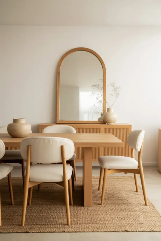 Minimalist boho dining room with oversized arched mirror