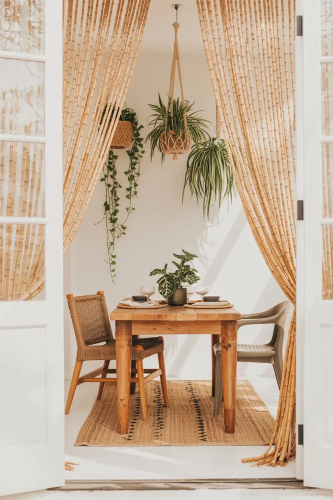 Boho dining room with bamboo beaded curtains and woven chairs