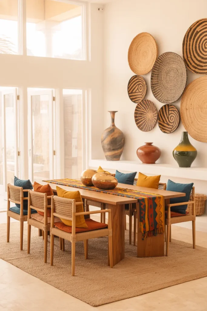 Afrohemian-inspired boho dining room with colorful textiles and woven baskets
