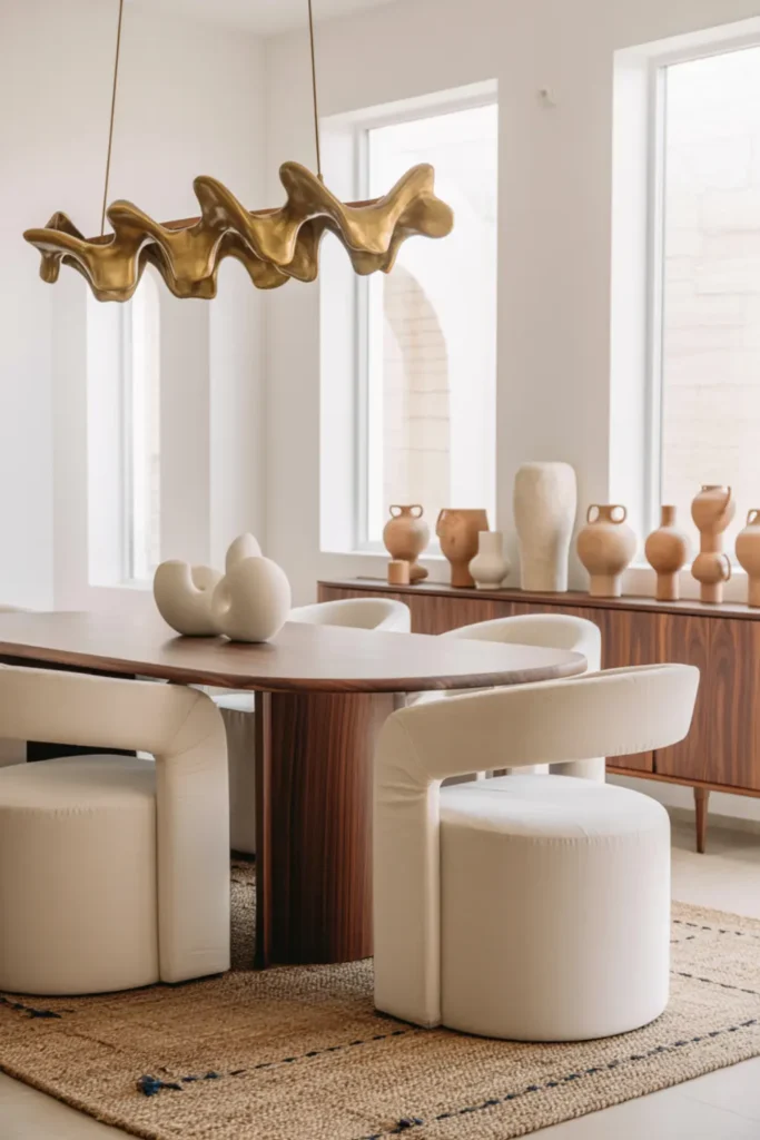 Boho luxe dining room with brass chandelier and curved cream chairs