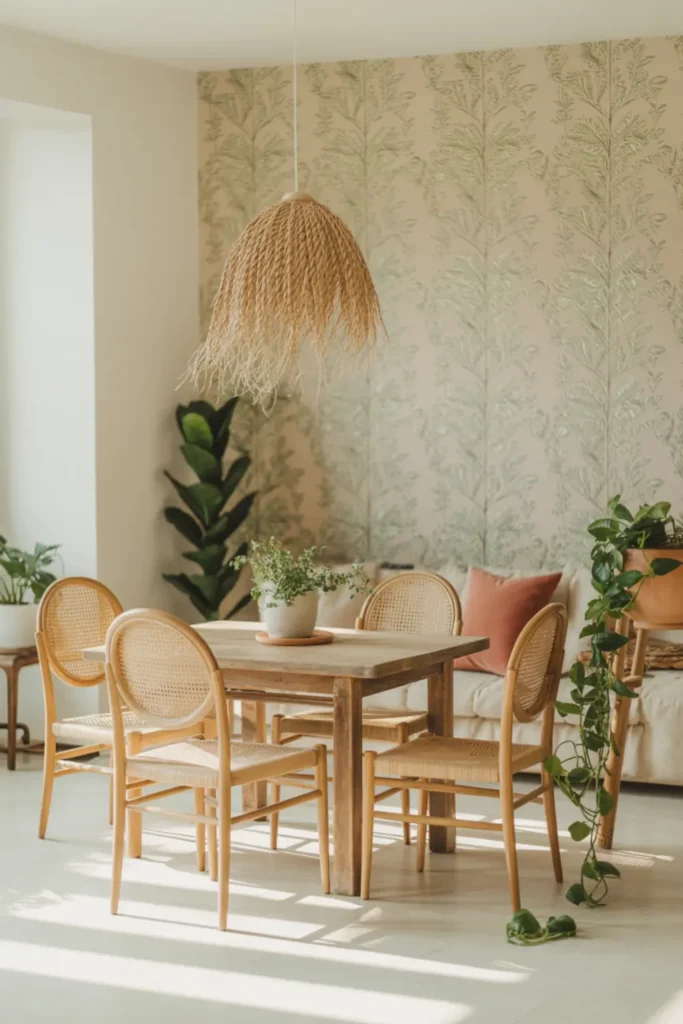 Apartment boho dining room with peel and stick botanical wallpaper