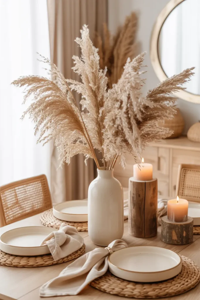 Boho dining table centerpiece with pampas grass and ceramic vase