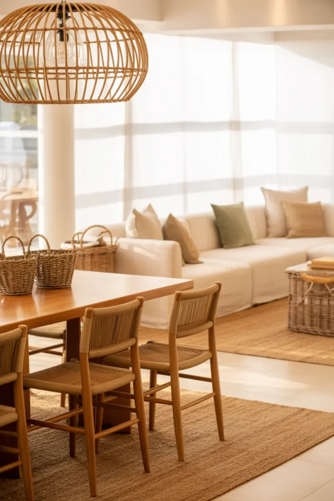 Open plan boho dining room connected with living room using repeated rattan and wood