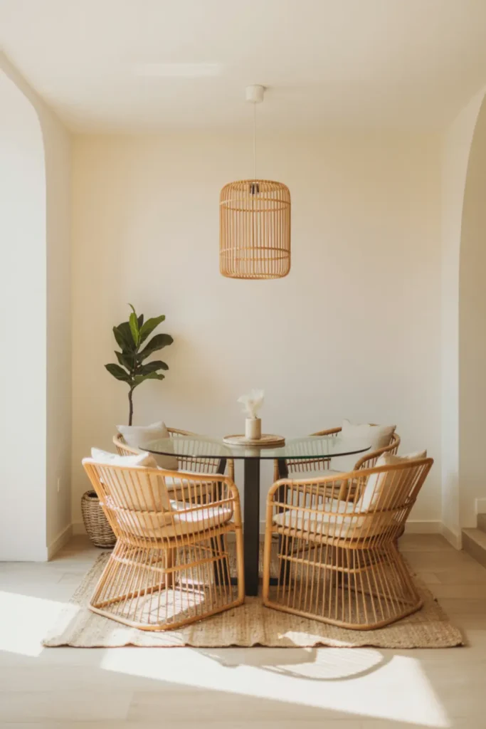 Small boho dining room with glass table and woven rattan chairs