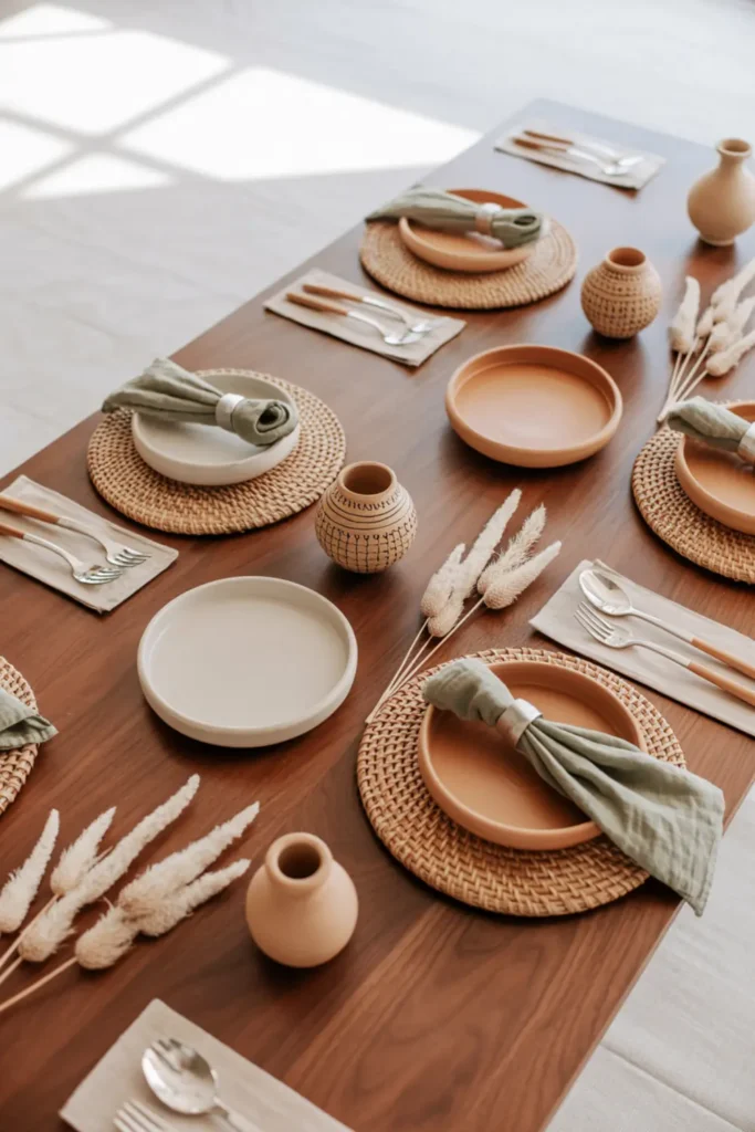 Boho dining room style mood board with rattan, linen, ceramics, and earthy colors