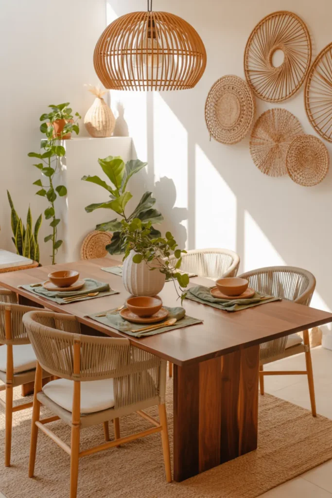  Finished cozy boho dining room with rattan, plants, jute rug, and earthy colors