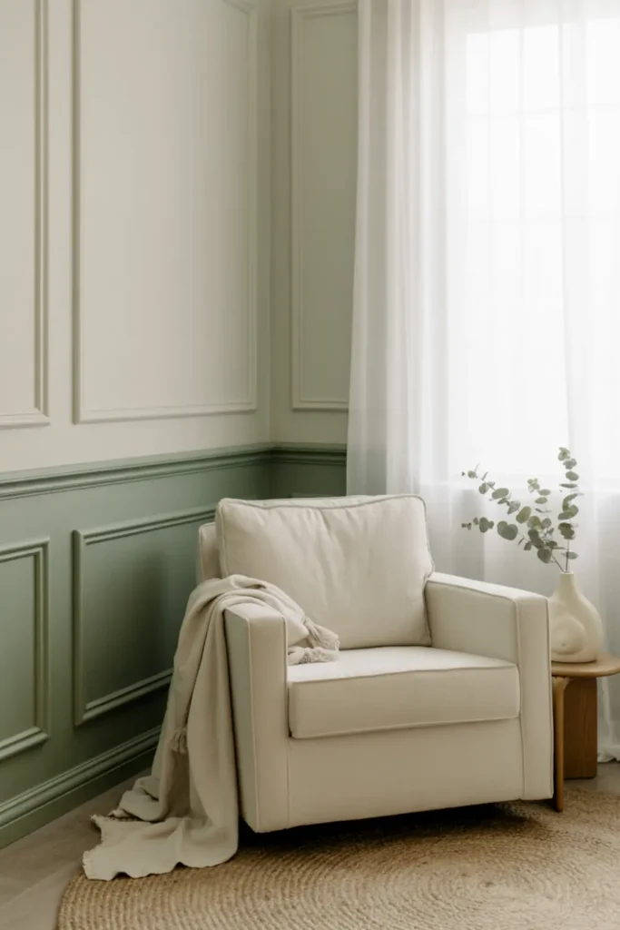 Sage green nursery walls with white glider chair.