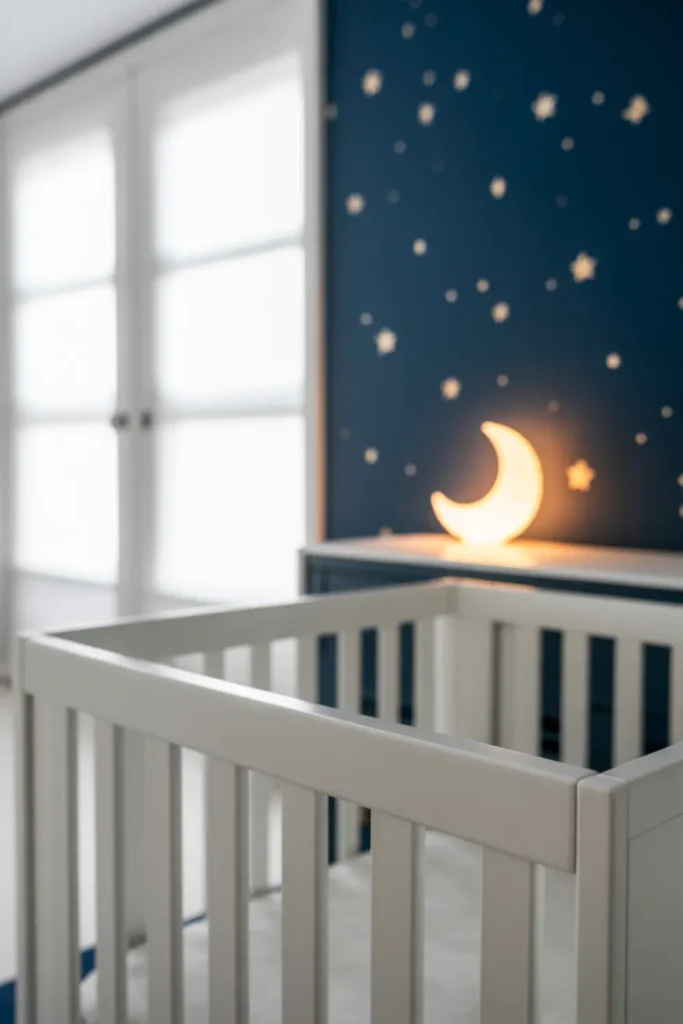 Celestial nursery with navy wall and gold stars.