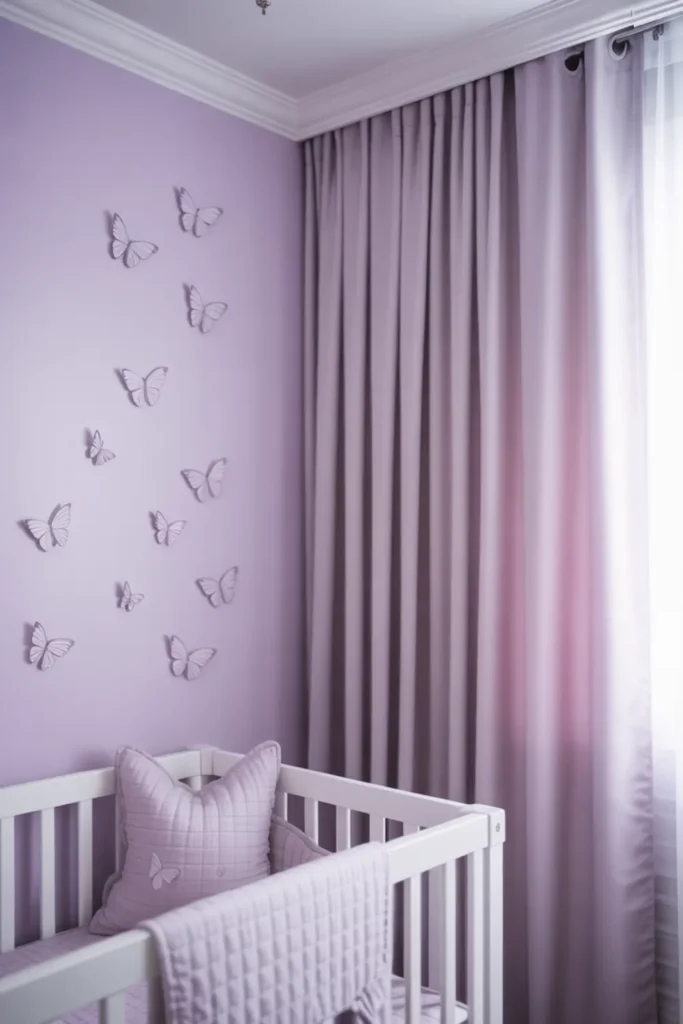 Lavender baby room with butterfly wall decals.