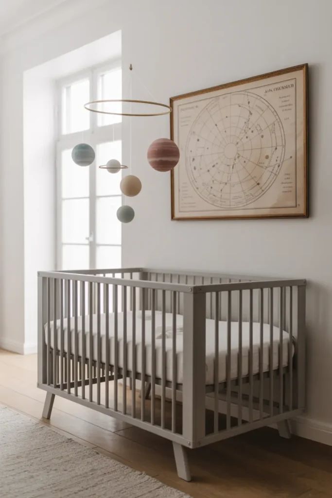 Space themed nursery with planet mobile.
