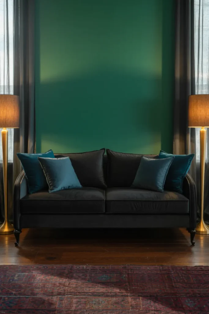 Black velvet sofa against an emerald green accent wall with brass lighting.