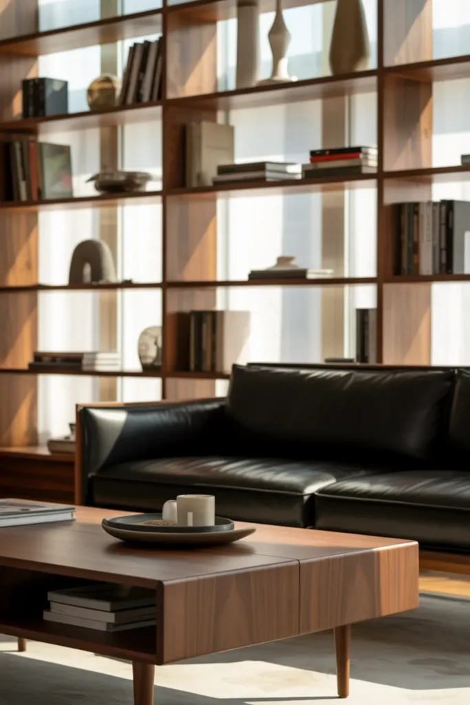 Mid-century living room featuring a black couch and walnut wood furniture.