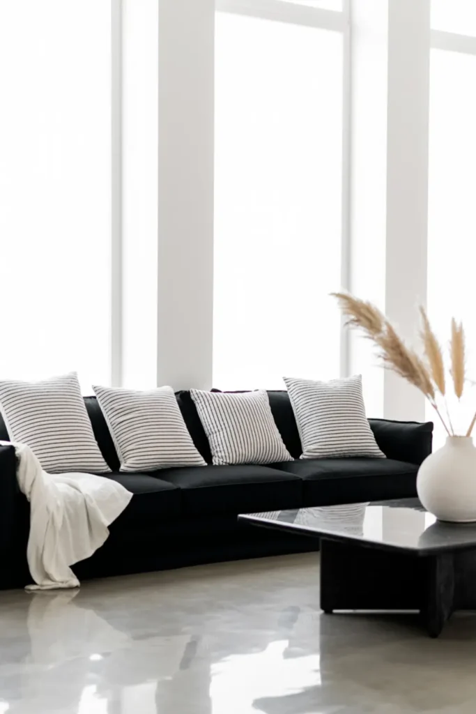 Minimalist black sofa with black and white striped pillows.