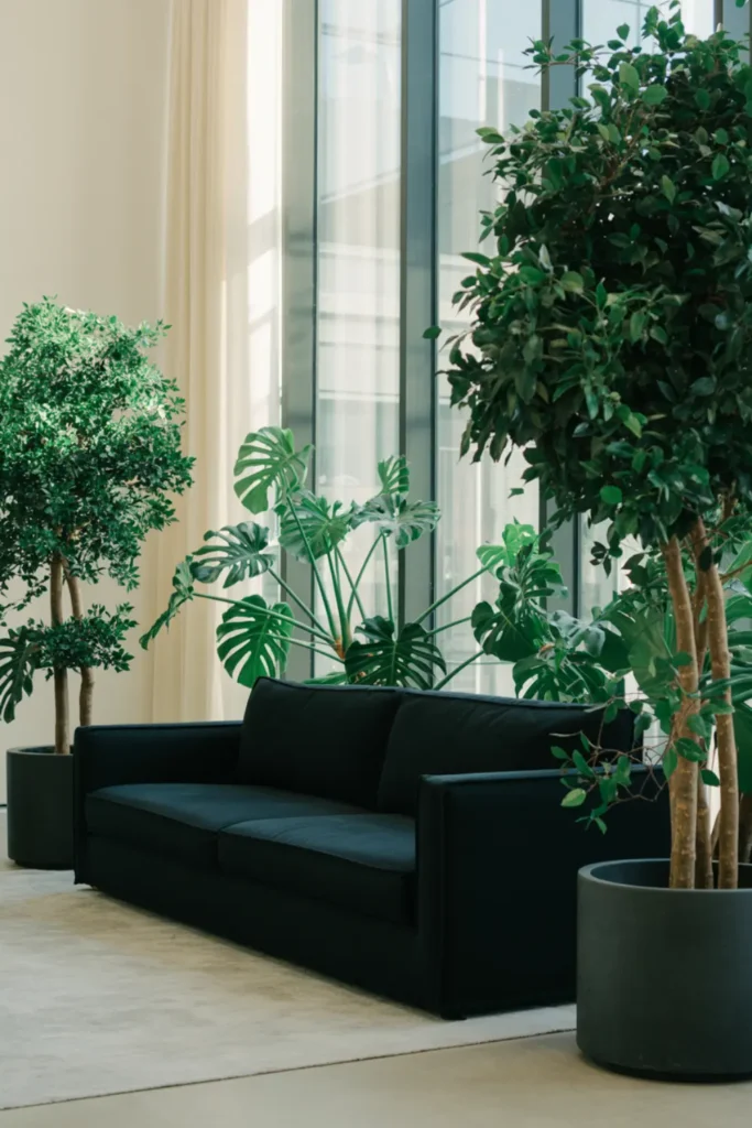 Sleek black sofa surrounded by large lush green indoor plants.