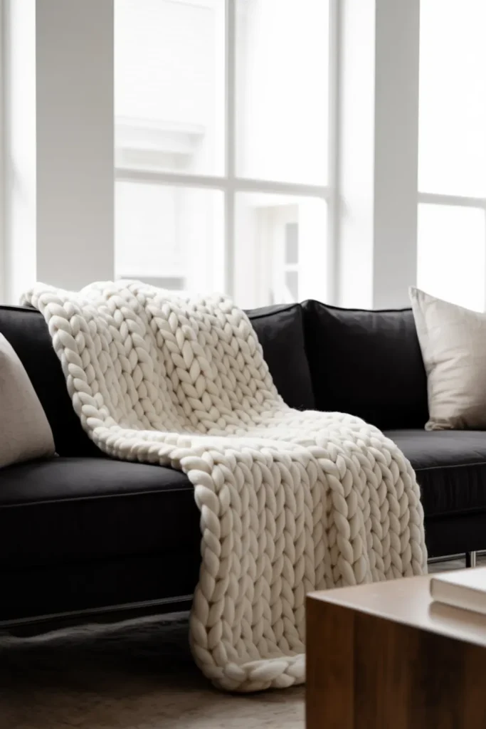 Black sofa draped with a large white chunky knit throw blanket.