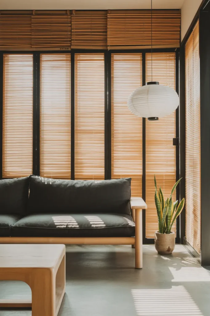 Japandi style living room featuring a low black sofa and bamboo details.