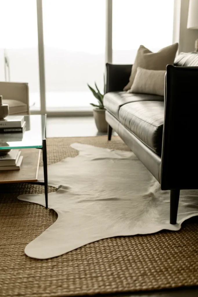Black sofa on layered rugs including a jute base and faux cowhide.