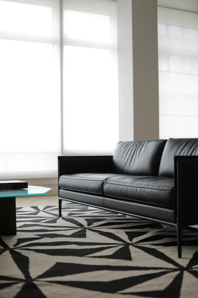 Black sofa resting on a black and white geometric patterned rug