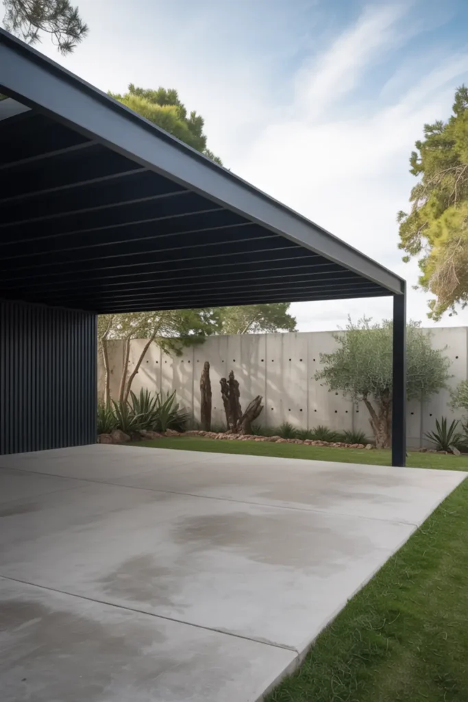 Modern cantilever carport with flat floating roof over concrete driveway
