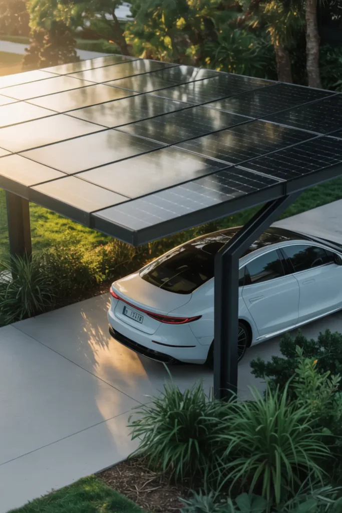 Solar panel carport over modern driveway with electric vehicle parked below