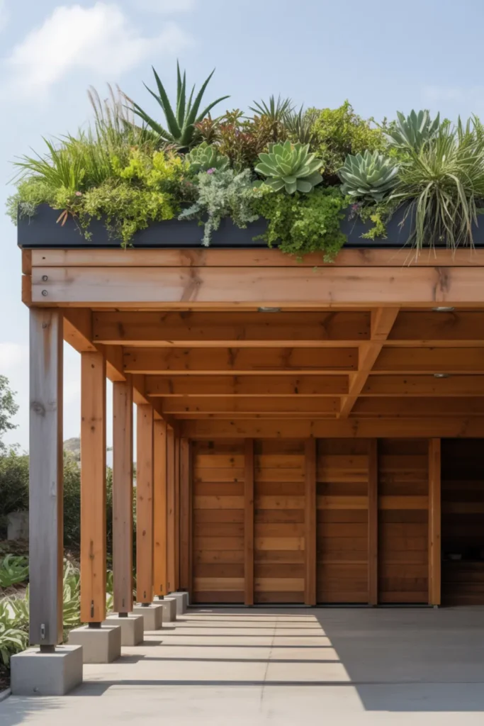 Wood-framed carport with lush green living roof of succulents and grasses