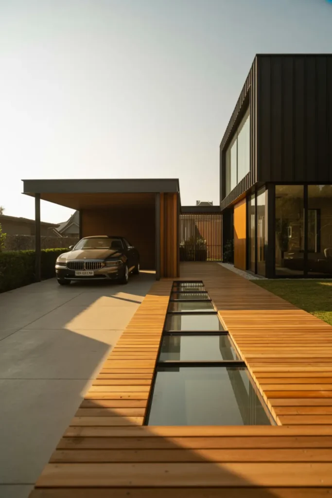 Detached carport connected to modern house by covered wooden breezeway walkway