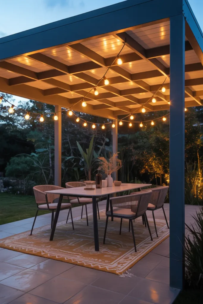 Carport converted into outdoor patio with string lights dining table and rug at dusk