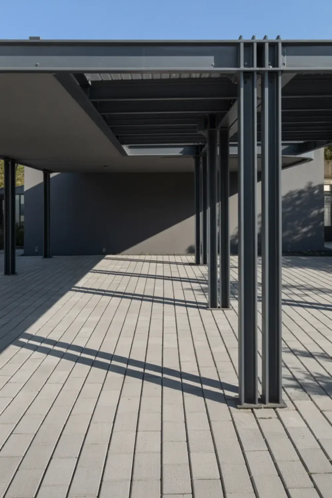 Modern carport with geometric driveway pavers aligned perfectly with steel support columns