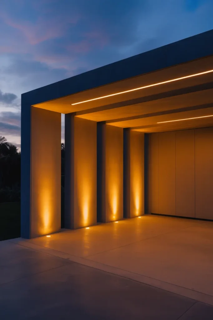 Modern carport at twilight with warm recessed LED ceiling lights and dramatic pillar up-lighting