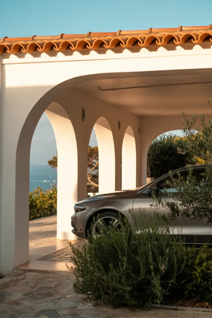 Mediterranean style carport with smooth white stucco archways and terracotta tile roof in bright sunlight