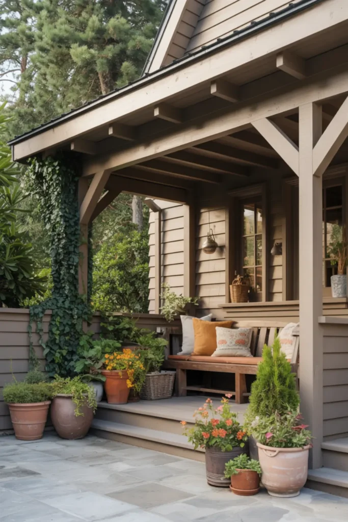 Attached carport transitioning into cozy front porch mudroom with bench and potted plants at entryway