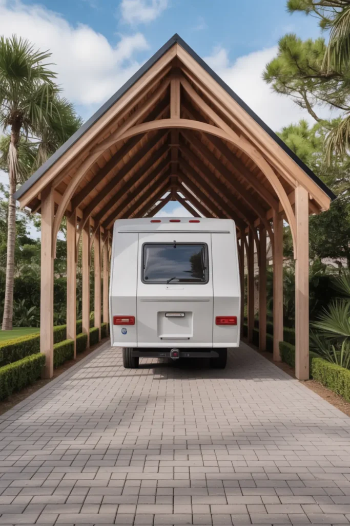 Elegant extra tall vaulted wood carport for RV parking over neat paver driveway against blue sky