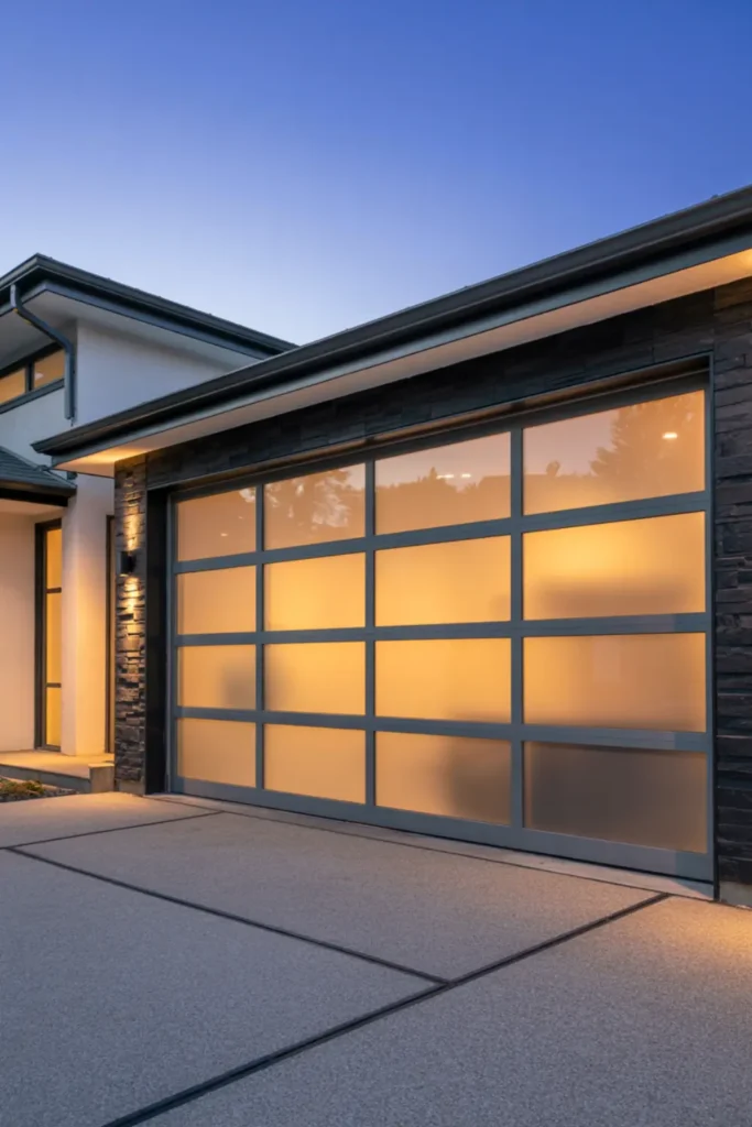 Frosted glass garage door lit up at twilight with a black frame.