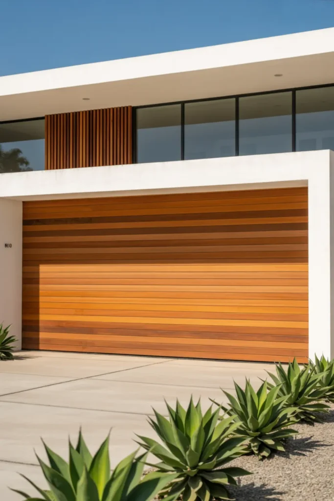 Mid-century modern home with horizontal cedar wood garage door.