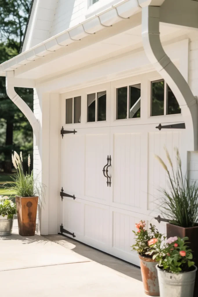 White carriage house garage door with black iron hardware.