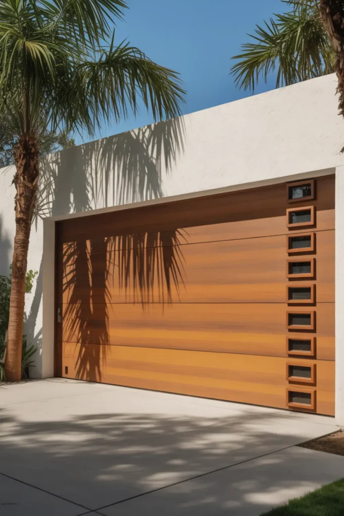 Mid-century wood garage door with asymmetrical vertical windows.
