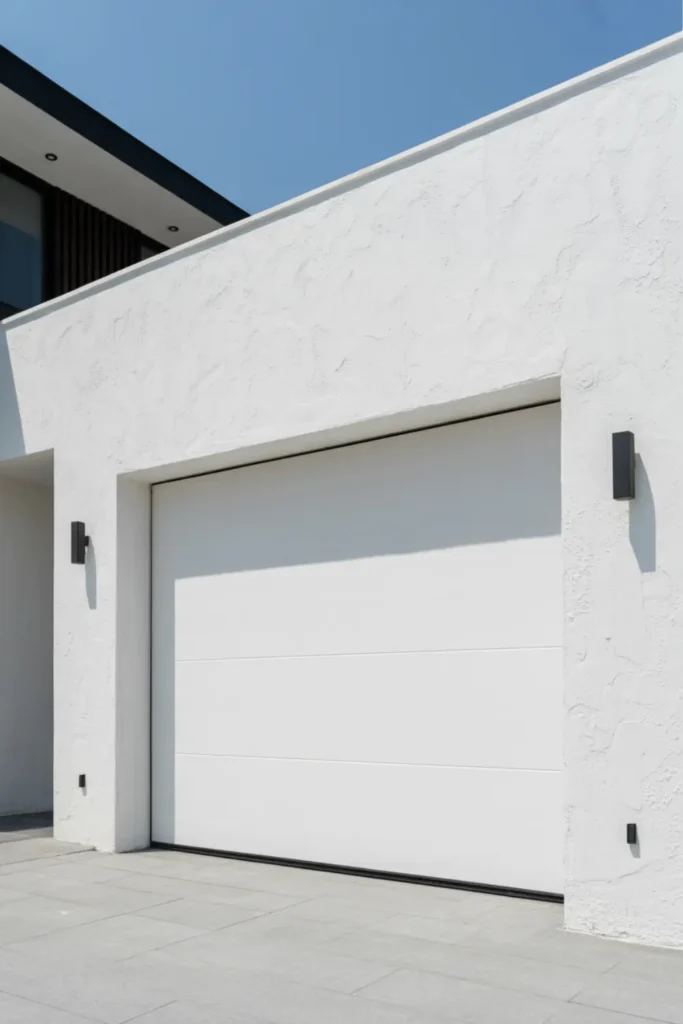 Minimalist white flush panel garage door on a modern home.