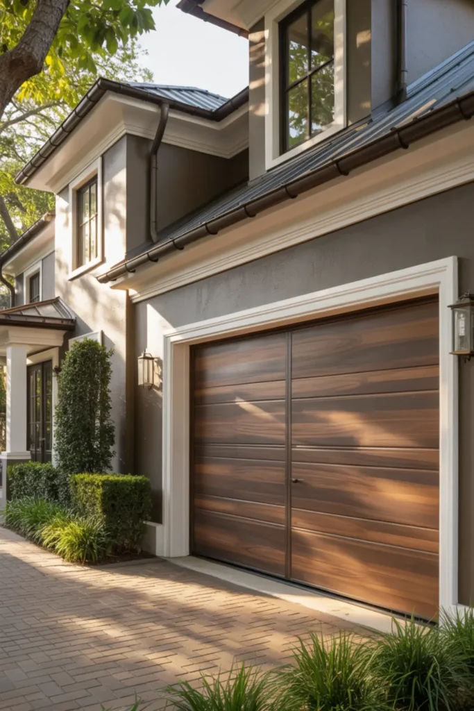Faux wood grain aluminum garage door on a brick driveway.