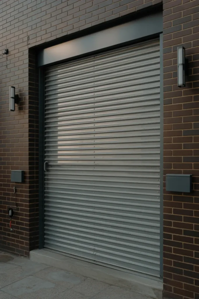 Industrial silver corrugated metal roll-up garage door.