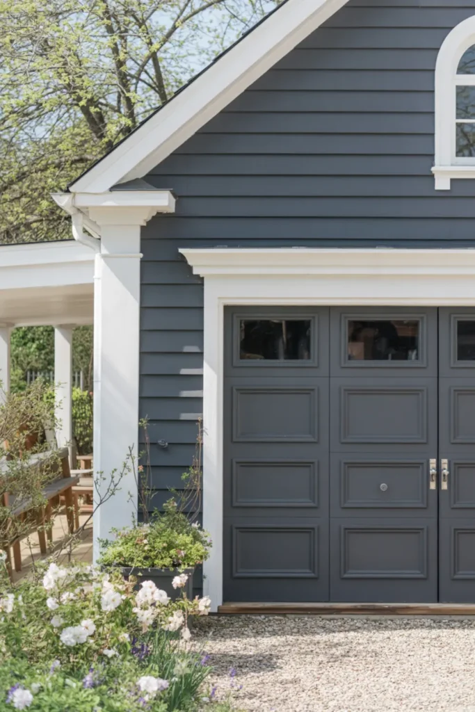 Dark charcoal gray raised panel garage door with white trim.