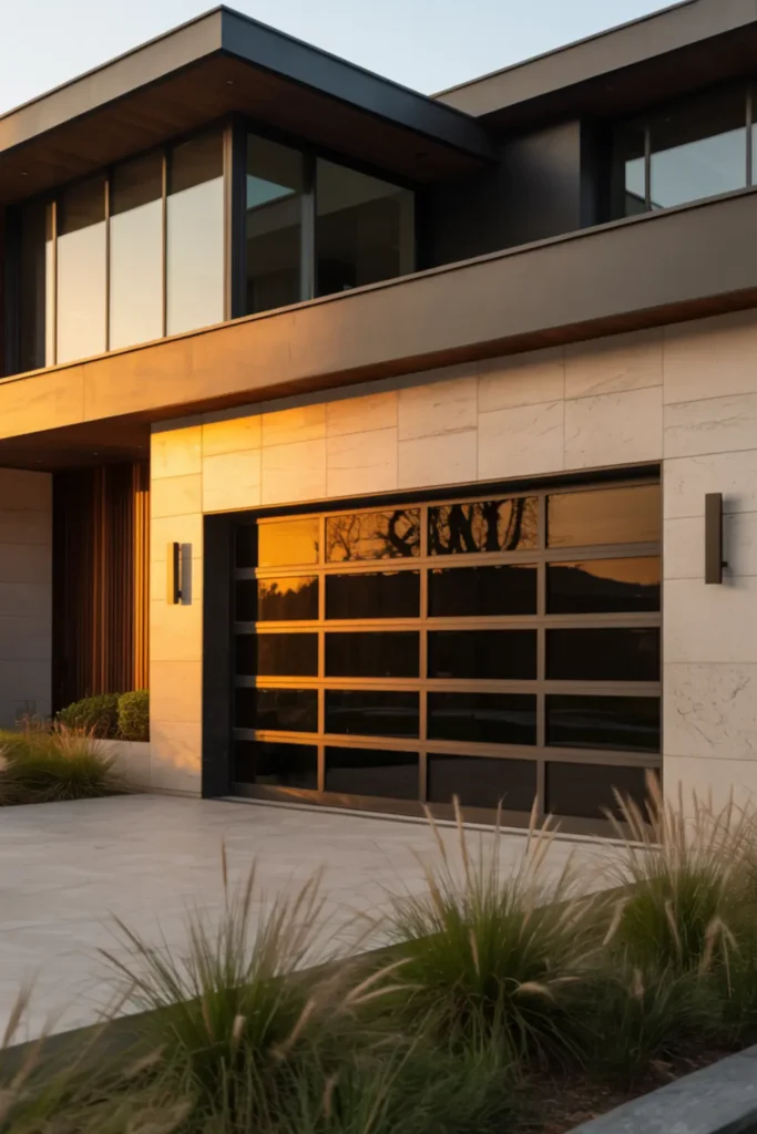 Bronze anodized aluminum garage door with tinted black glass.
