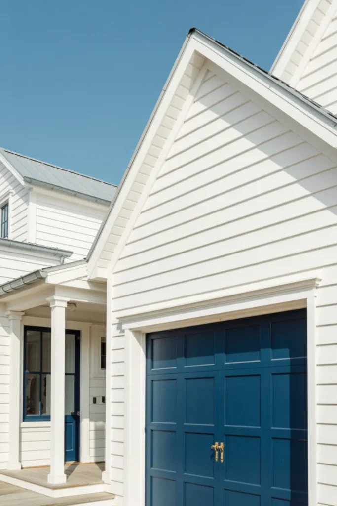 White home exterior with a vibrant navy blue garage door.