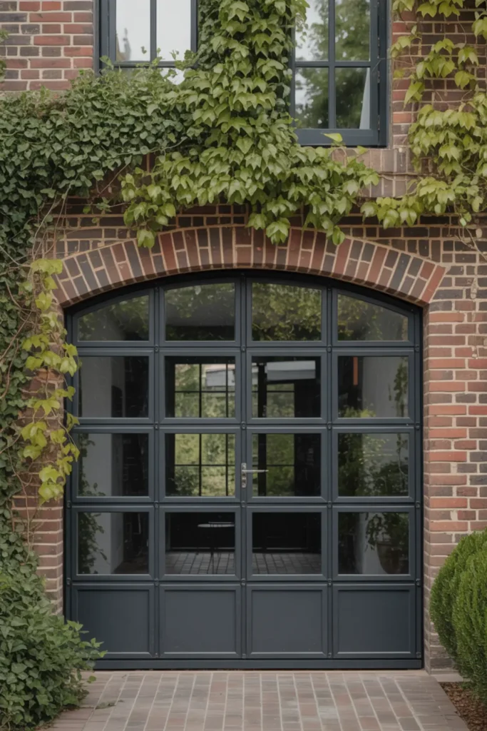 Black metal greenhouse grid style garage door with glass panels.