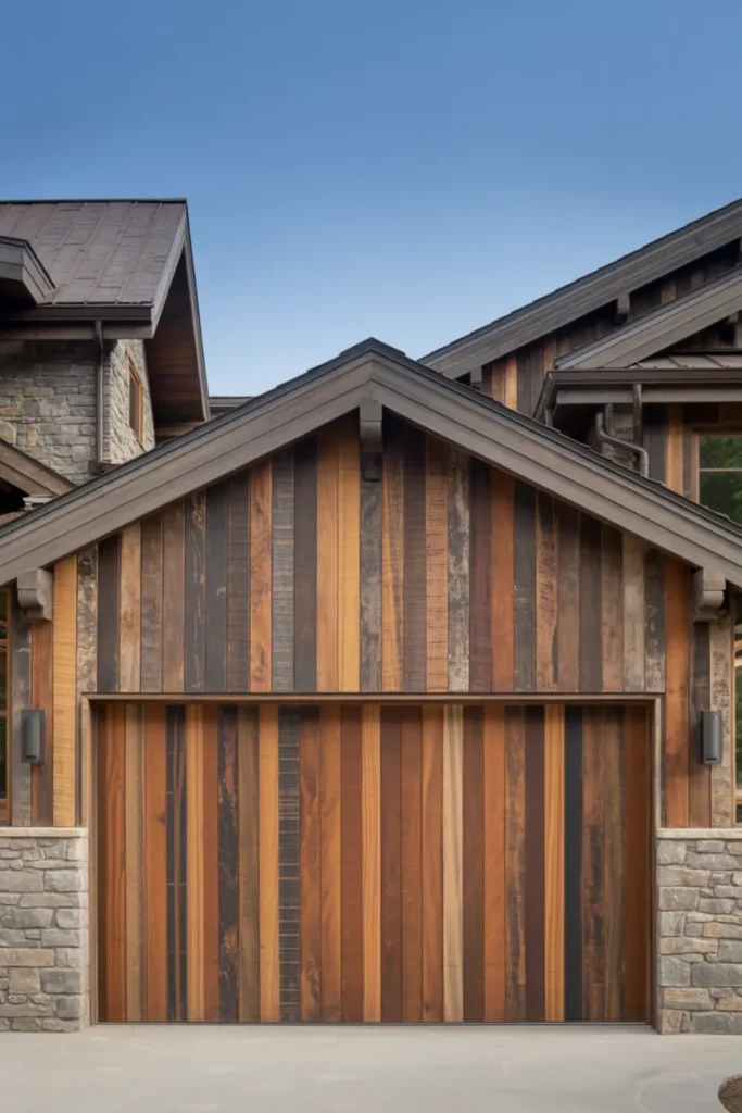Garage door made of vertical reclaimed weathered wood planks.