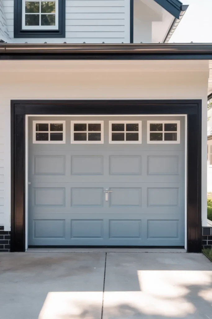 Light gray garage door with bold black painted trim.