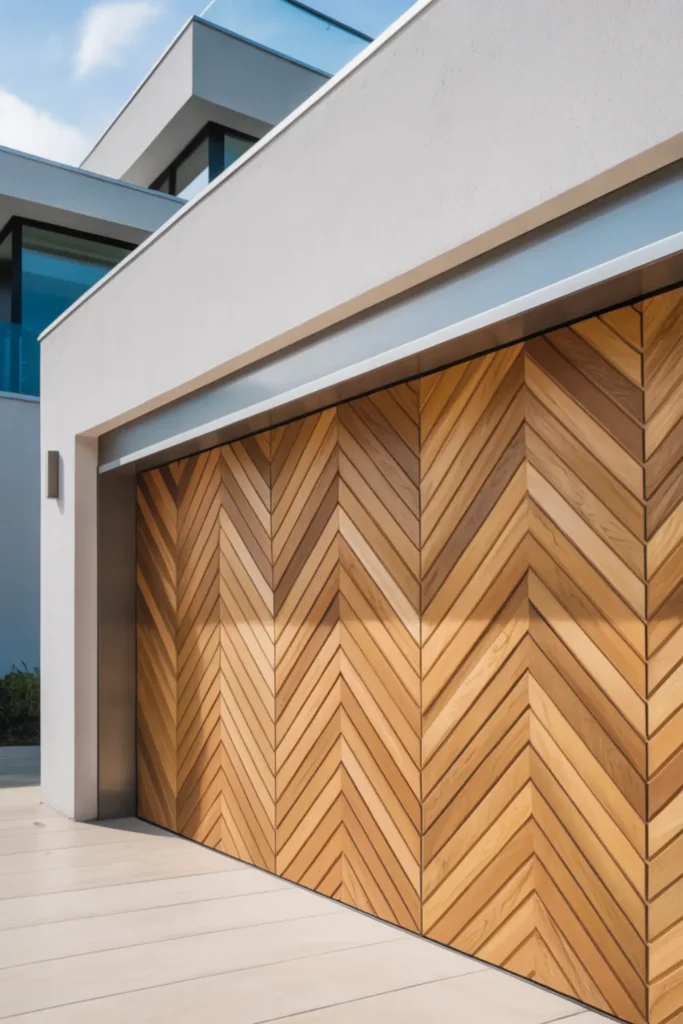 Light oak wood garage door with a chevron pattern.