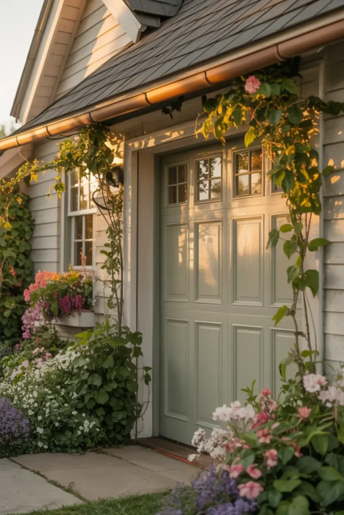 Soft sage green garage door on a charming cottage.