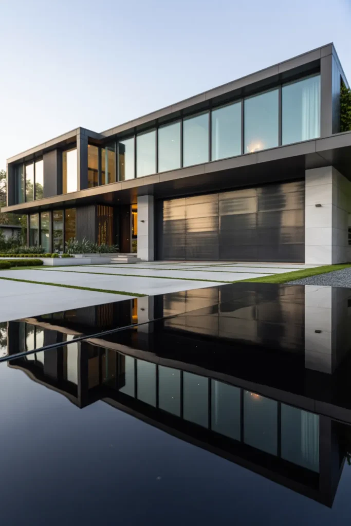 High-gloss black contemporary garage door reflecting the driveway.