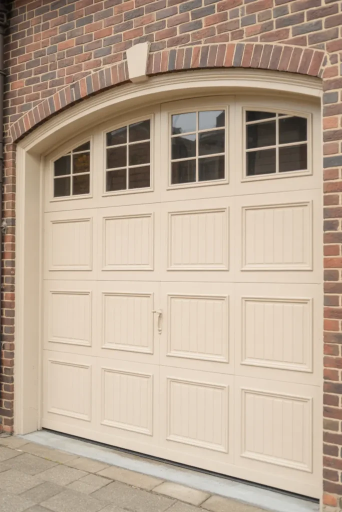 Cream garage door with arched transom windows on the top section.